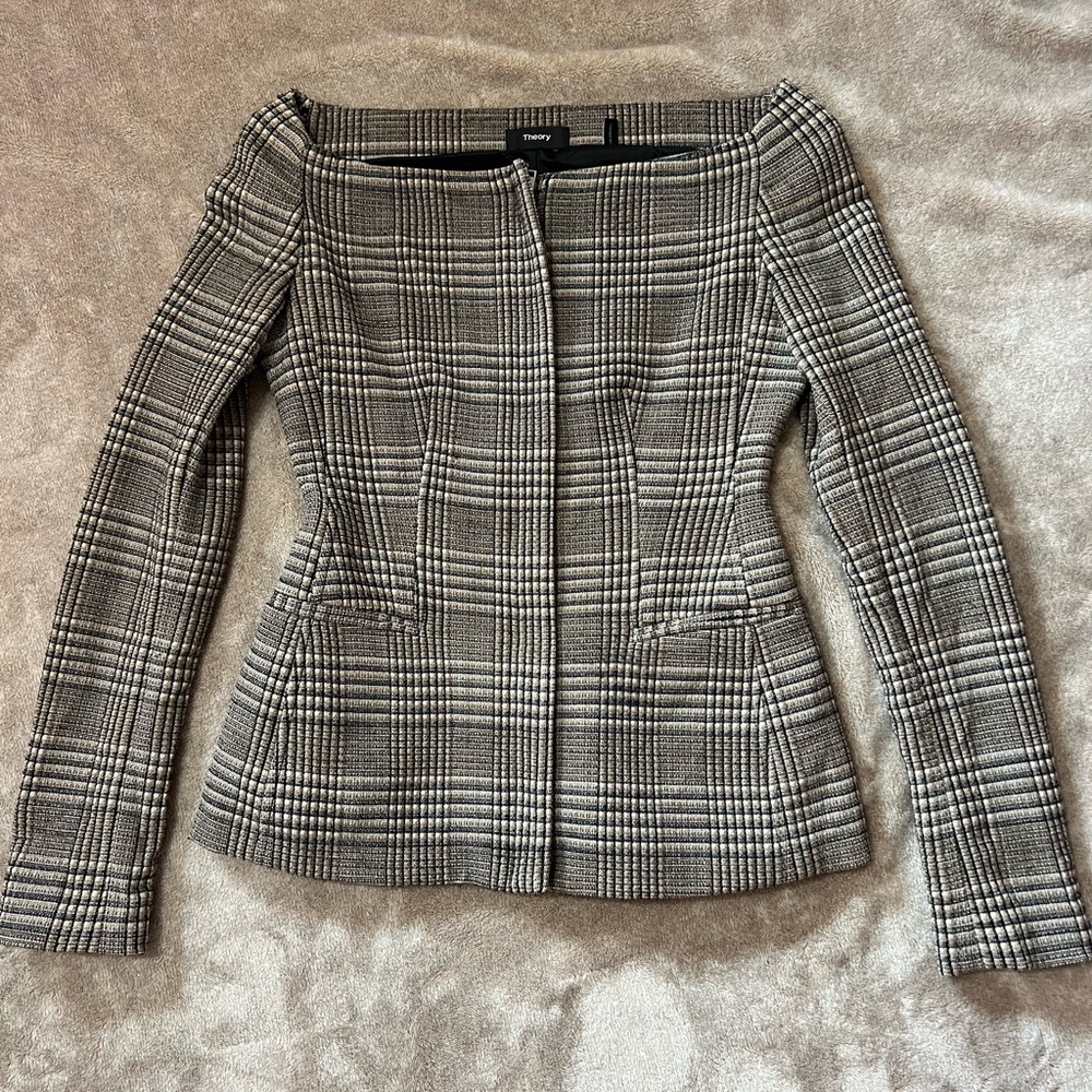 Theory Plaid Off-Shoulder Blazer sz 0